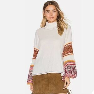Free People Northern Lights White Puffy Sleeve Waffle Turtleneck Sweater Size S